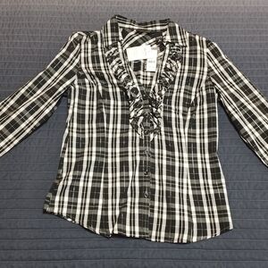 New York & Company Black and White Plaid Button Down Shirt